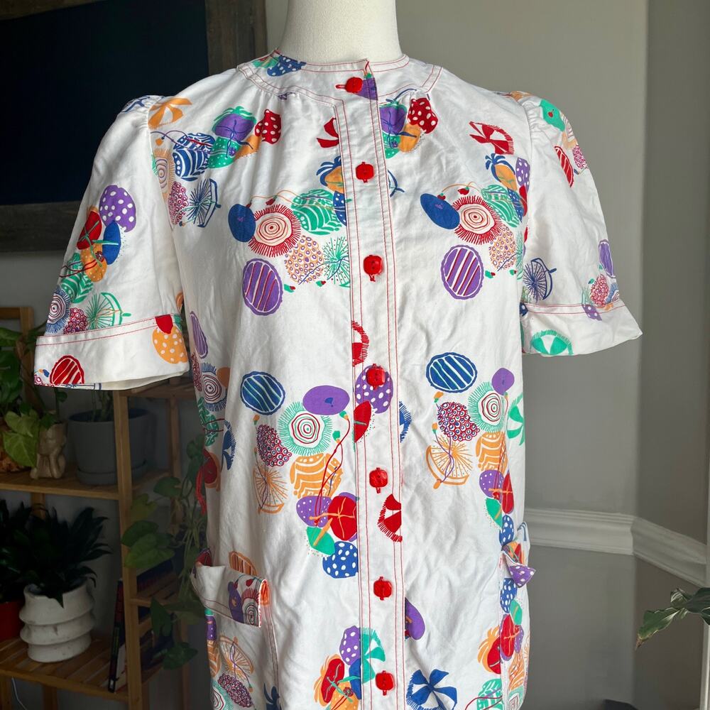 Vintage 70s Button Front Dress White Abstract Circles Retro Picnic Size Small